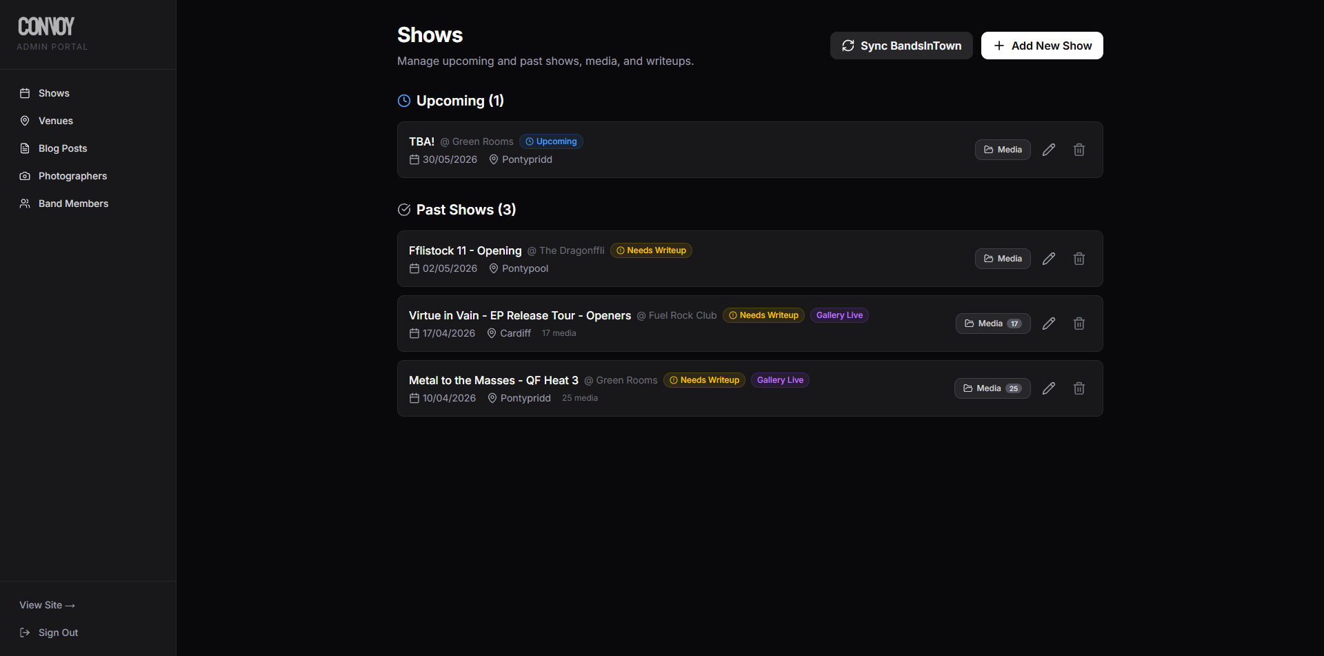 Convoy admin dashboard for managing shows